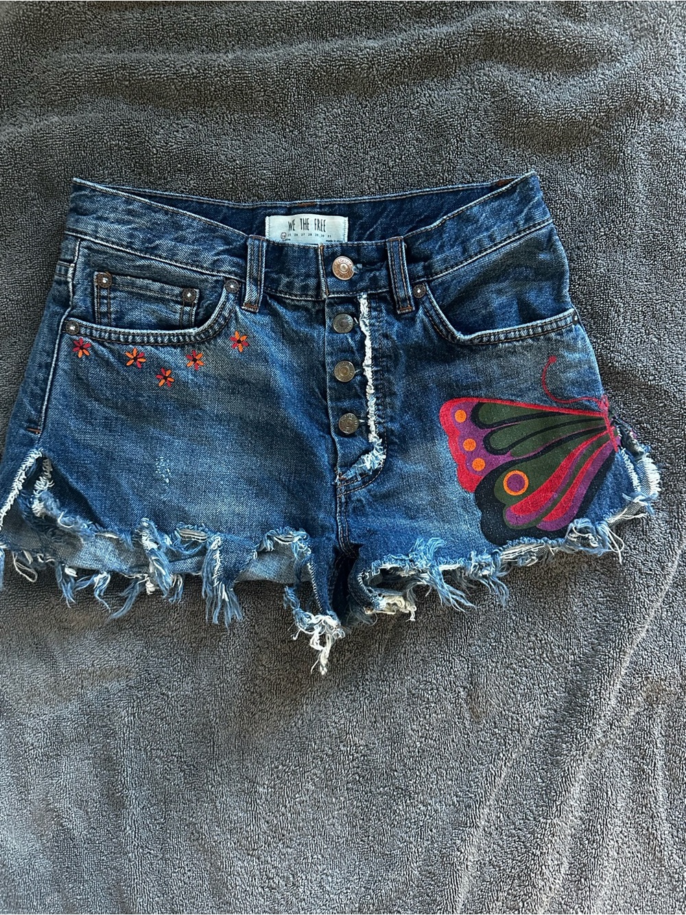 Free People Dark Blue Denim Butterfly Patch Cutoff Shorts